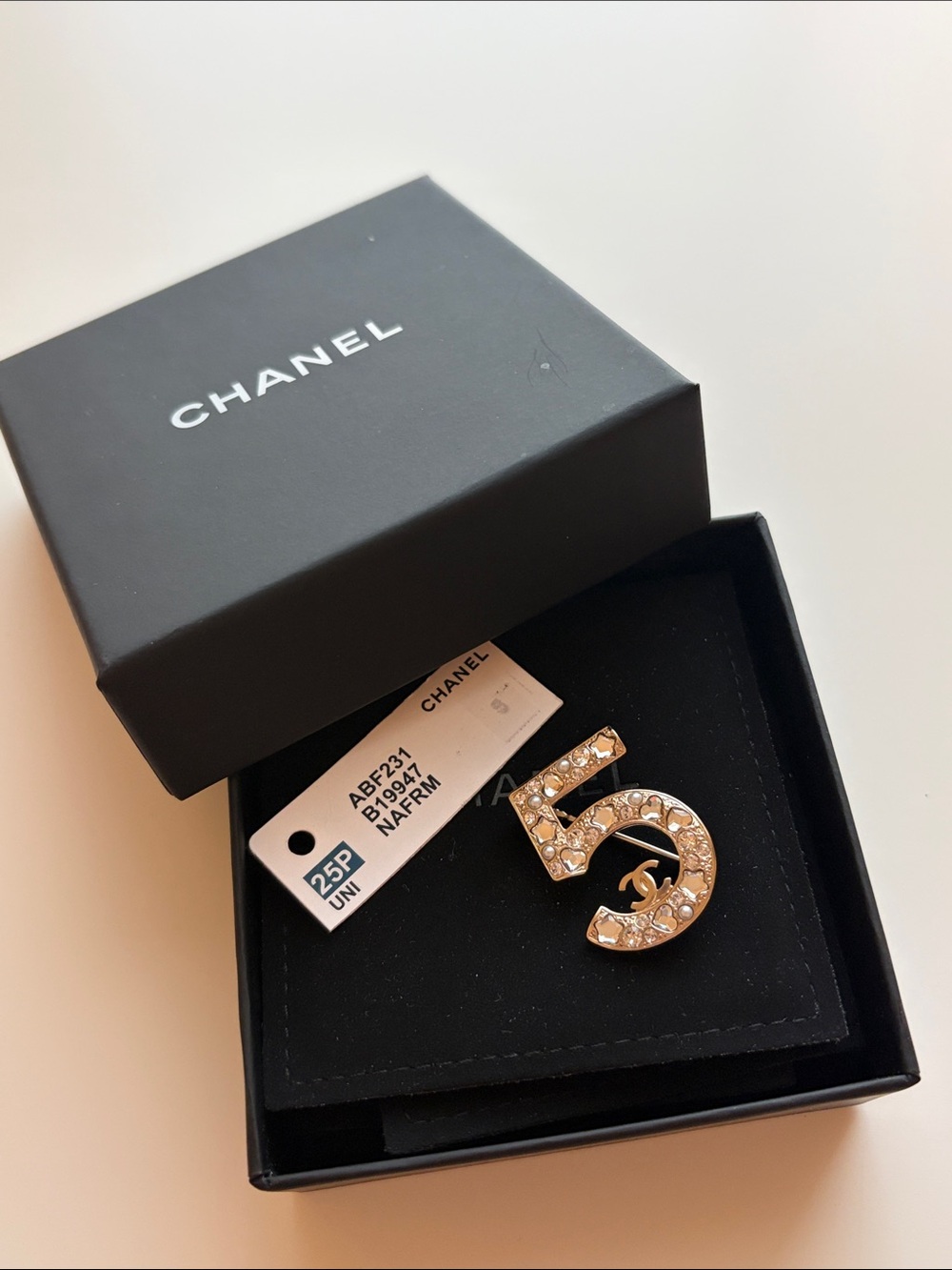CHANEL Crystal Number 5 Brooch in Gold and Clear Stones 25p